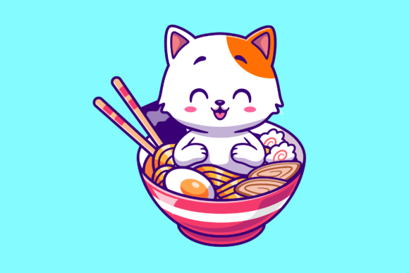 Download Cute Cat in Ramen Noodle Bowl Cartoon - Bowl Collection