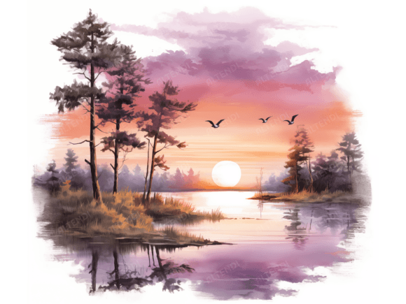 Download Watercolor Lake Sunrise - Sun Collection