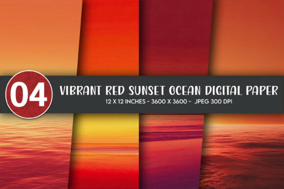 Download Vibrant Red Sunset Ocean Digital Paper - Sun Collection